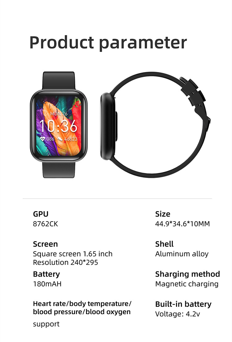 Body Temperature Blood Oxygen Test Magnetic Charging Cable Square Screen 1.65 Aluminum Alloy Shell P85 Smart Watch Wristband