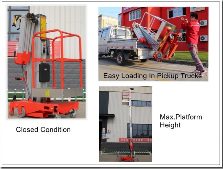 Single Mast Aerial Work Platform Manual Pushing Vetical Lift with Tilting Function