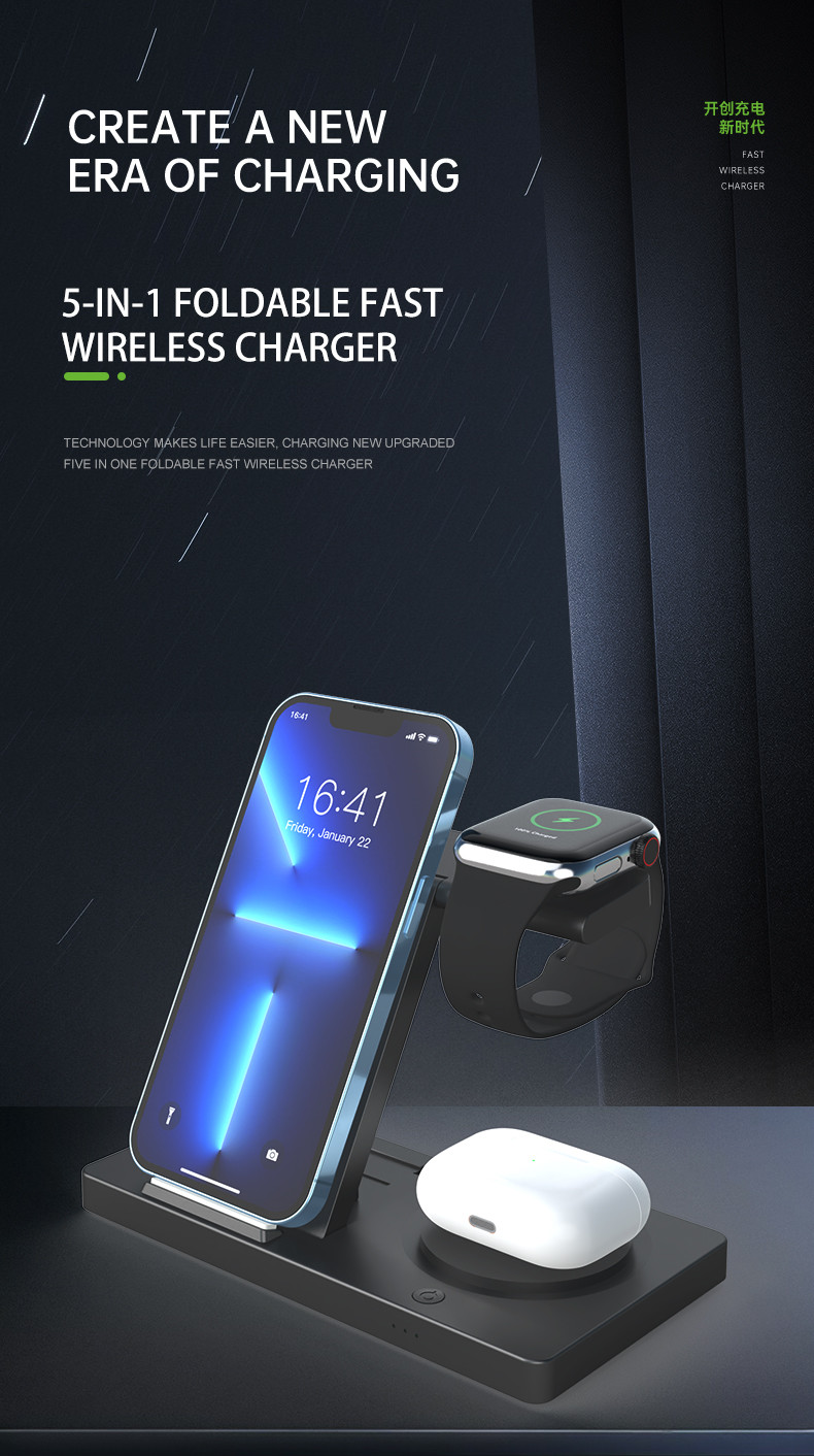 Foldable Wireless Charging Station for Smartphones Earbuds Watches 3W Watch Charging 15W Phone Output Custom