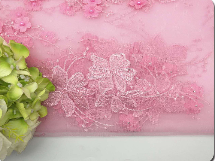 3D Flower Applique Embroidery Lace Fabric with bead and rhinestone