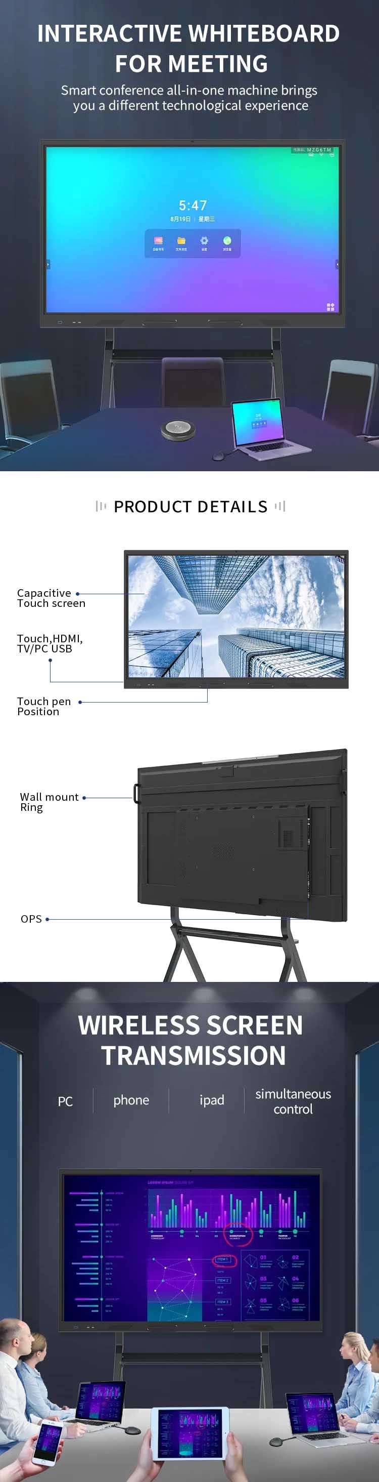 All In One 65 Inch Touch Monitor , Smart Board Interactive Digital Whiteboard