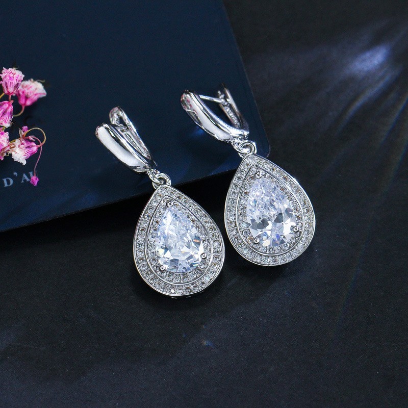Water Drop Rhinestone Long Pendant Full Crystal Silver Plated Necklace & Earrings Elegant Bridal Wedding Jewelry Set