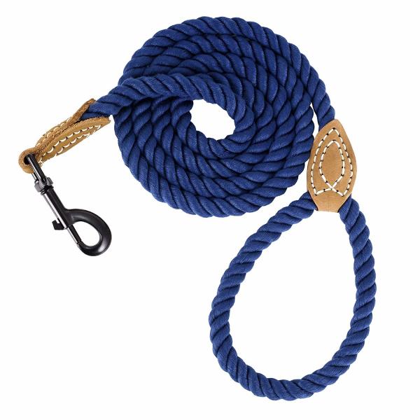 Braided Cotton Dog Leash With Leather Tailor Handle Heavy Duty Metal Sturdy