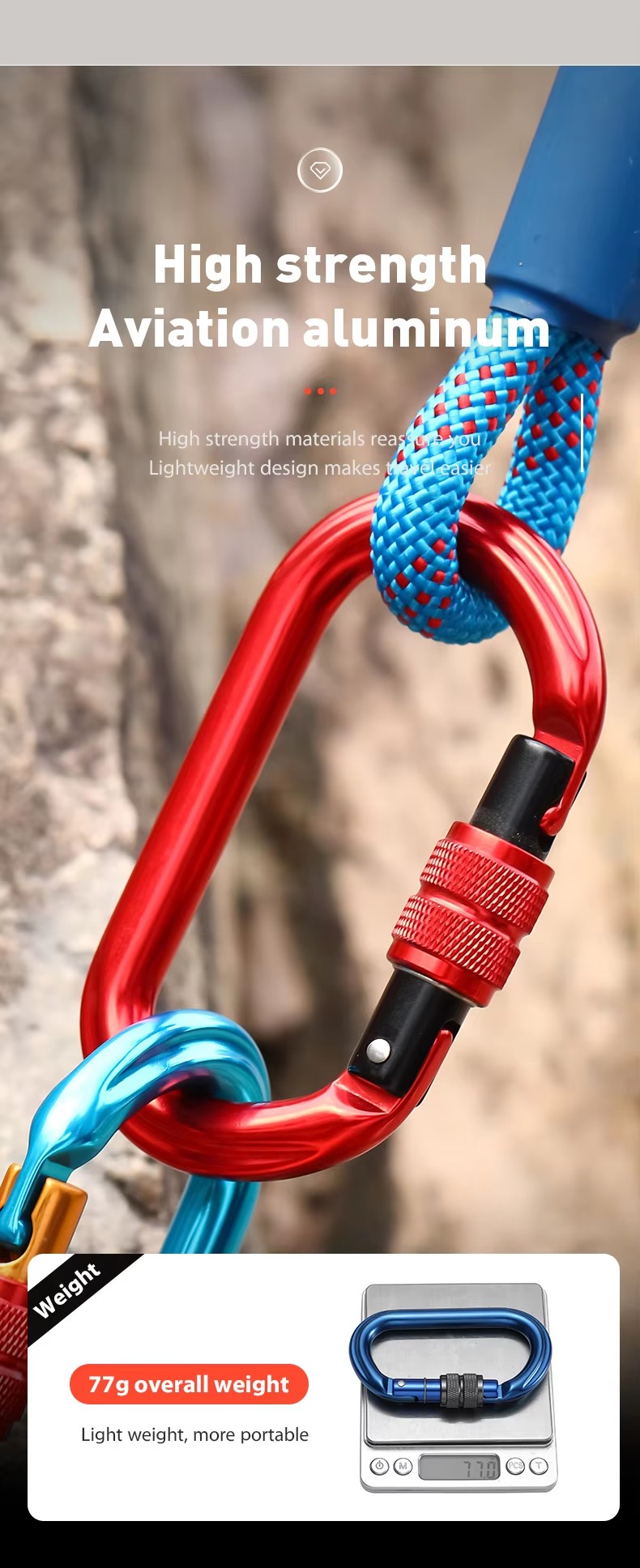 Industrial Applications 25kN Round Aluminum Locking Carabiner Clip with Snap Hook