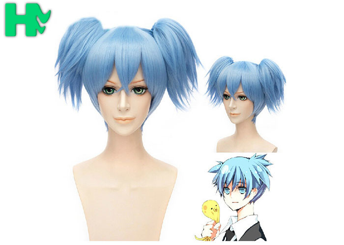 Dark Blue Anime Heat Resistant Cosplay Wigs Short With Ponytails