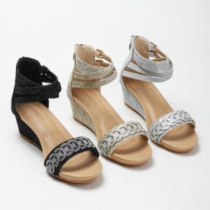China BS172 Fashion Sandals Women'S European And American Rhinestone Cross Strap Back Zipper Wedge Heel Mid-Heel Women'S Shoes factory