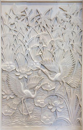 Exquisite Lotus Relief Mural Hand Carved from Natural Marble Stone for Modern Wall Decor