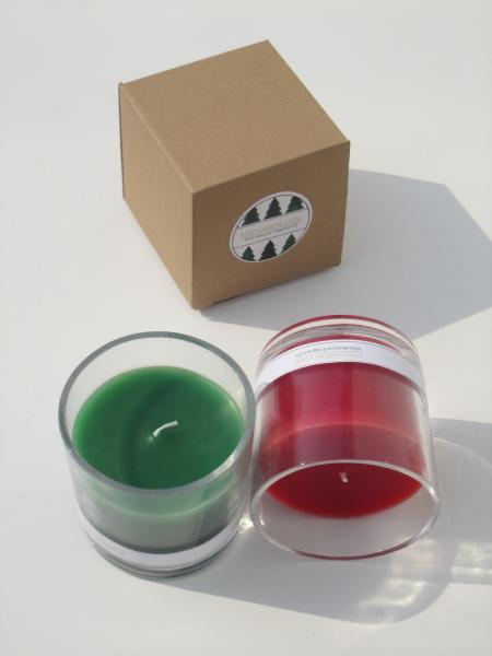 Red & Green round scented glass candle with printed label and packed into gift
