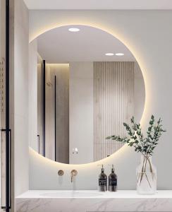 Hotel Bathroom Vanity Wall Half Round Mirror Customized Led Backlit Defogger