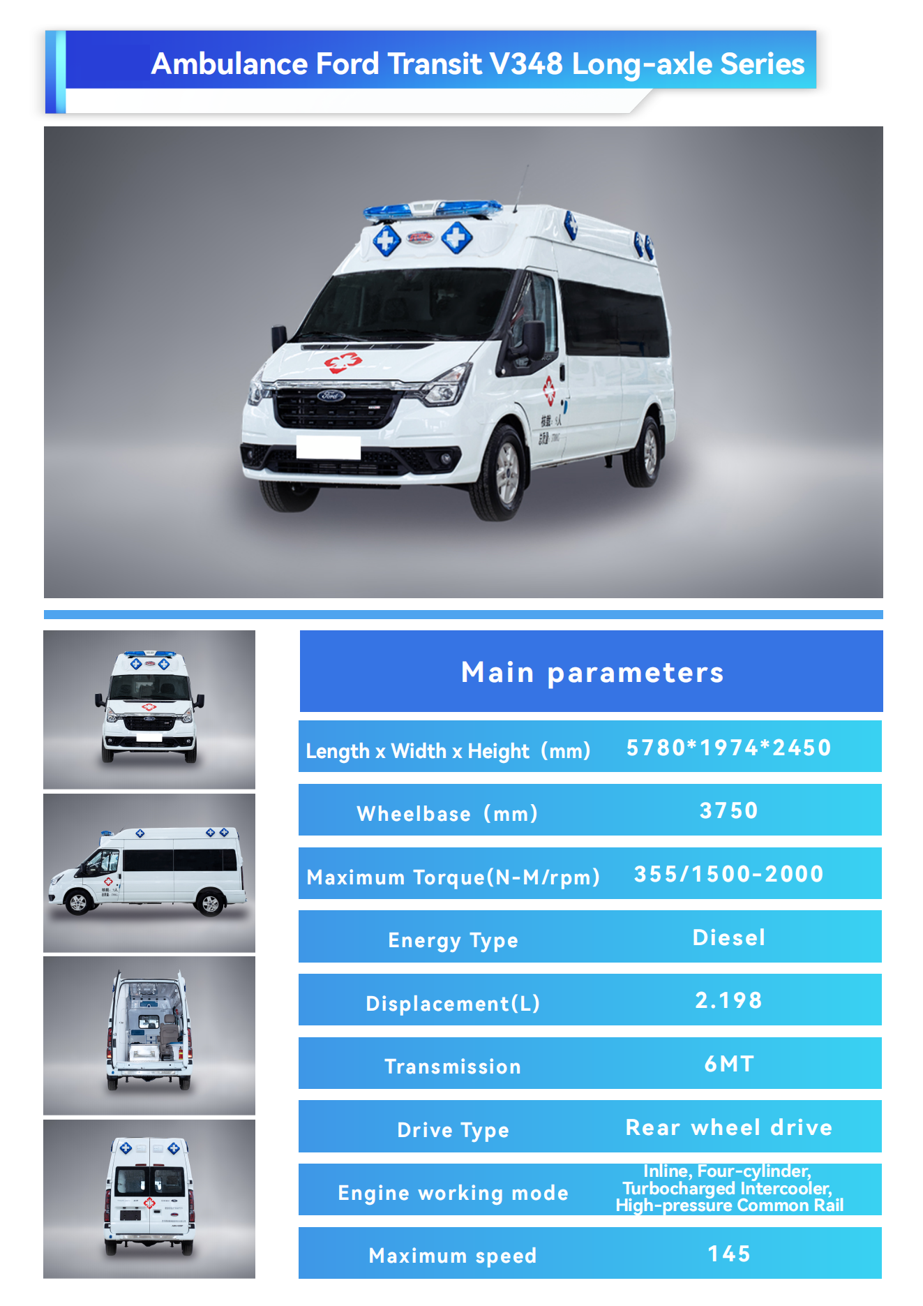 Ford Medical Direct Supply Ambulance Type 2 4x4 Van Rescue Vehicle for Patient Transport Diesel Fuel Rear Track 1704mm
