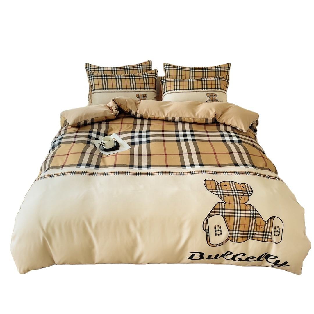 Grid Twin Size Duvet Cover Bed Sheet Bedding Set 4-In-1 Brushed Cotton Nondisposable