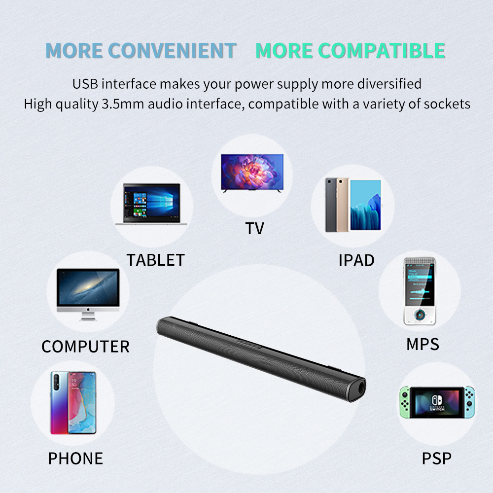 Black 2000mA TV Soundbar Speaker DC 5V With FM Radio Wireless Connectivity