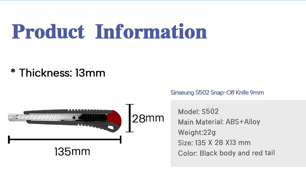 Snap Off Knife Blades 9mm 18mm Sinseung S502 Autolock Antislip Function