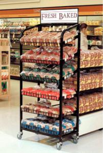 China Food &amp; bread 5 layer adjust black powder coat retail metal shelf metal display rack with wheels factory