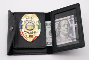 China Customized Leather Black Plain surface Chief police badge wallet factory
