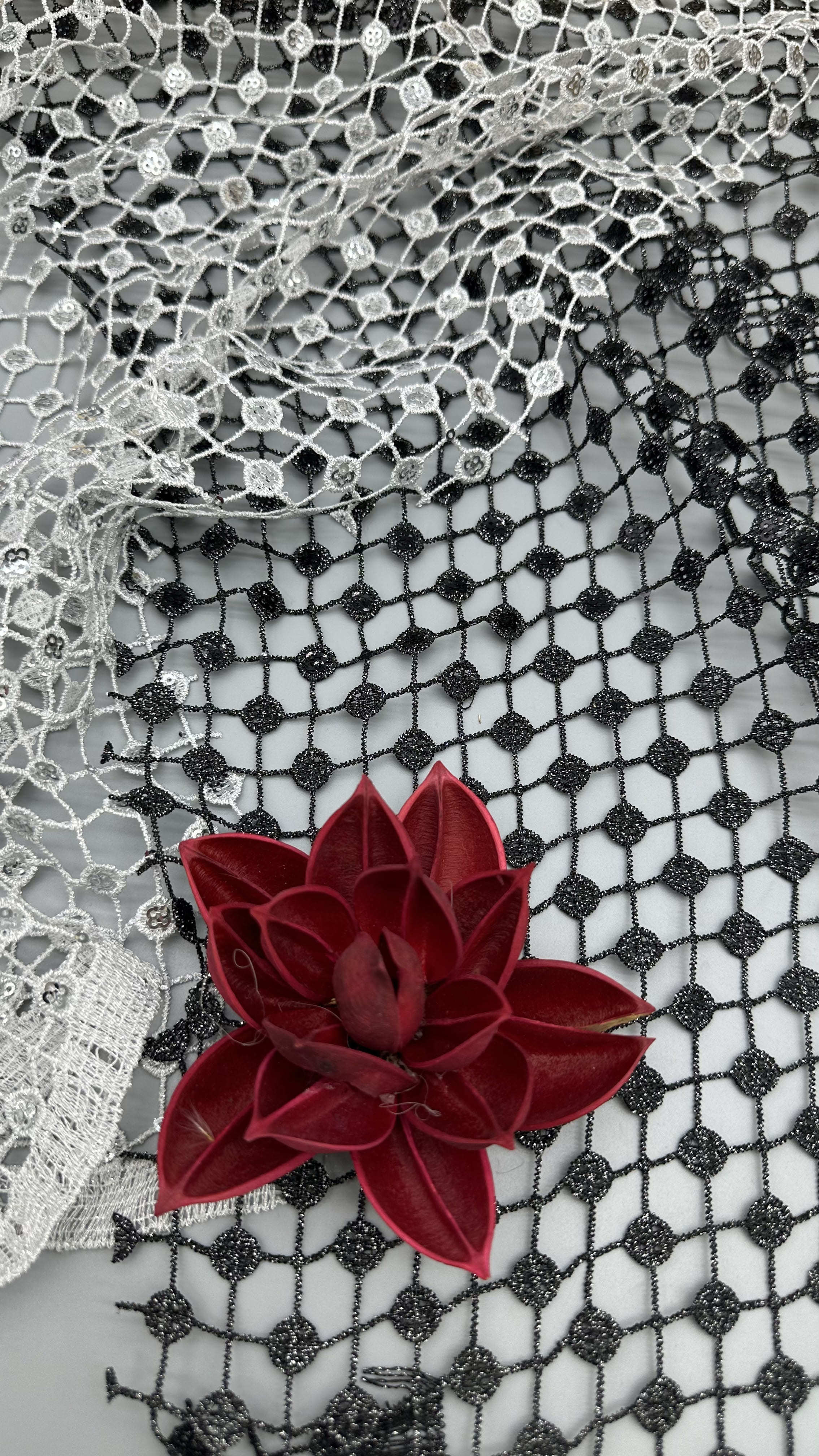 Leafy Black And White Plaid Hollow-up Sequins Sliver Detailed Fabric for Statement Formal Dresses
