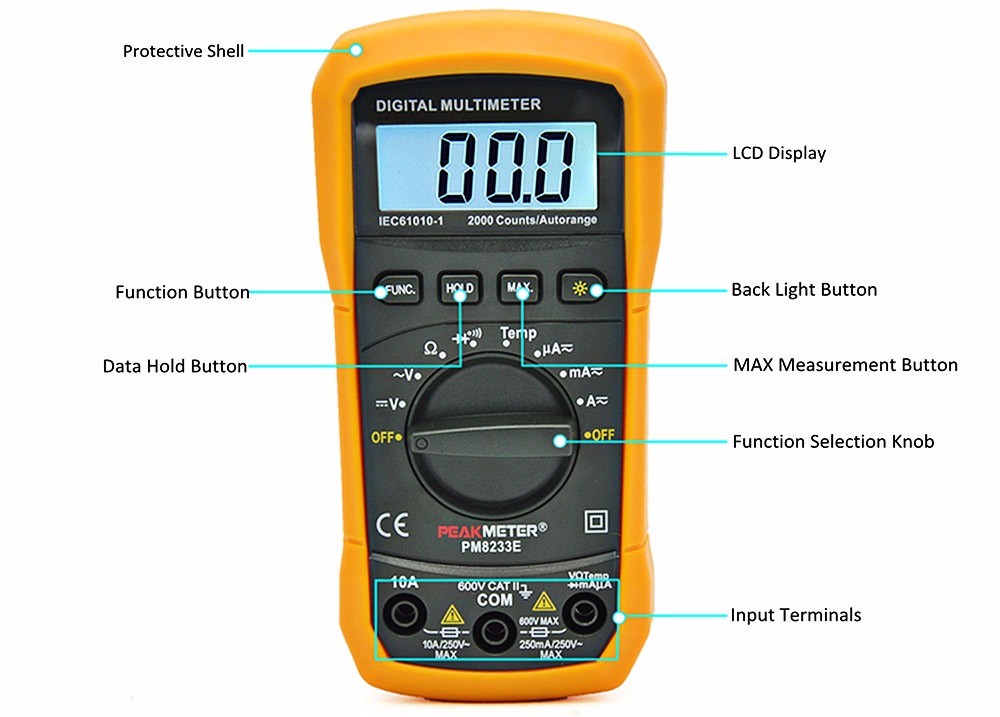 Frequency Test Auto Range Digital Multimeter 140mm × 67mm × 30mm High Safety Standard