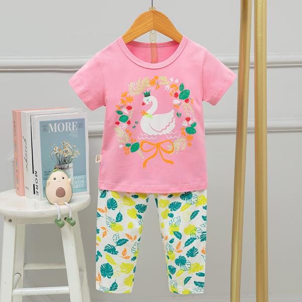 Swan Shirt And Trouser Pyjama Set Skin Friendly Versatile childrens Cotton