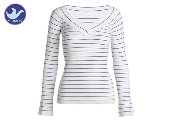 Big V Neck Womens Knit Pullover Sweater Ribs Stripes Small Trumpet Cuff Spring