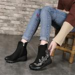 S028 New autumn and winter embroidered leather women's mid-boots wedge round toe
