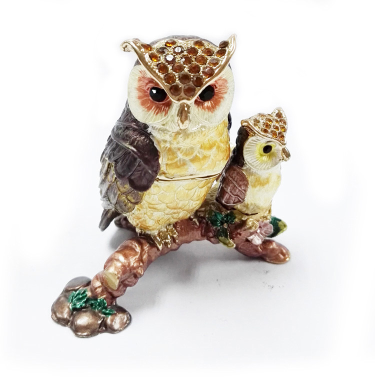 Mun and baby owl bird jewelry box enamel owl trinket jewelry owl decorative box trinket box