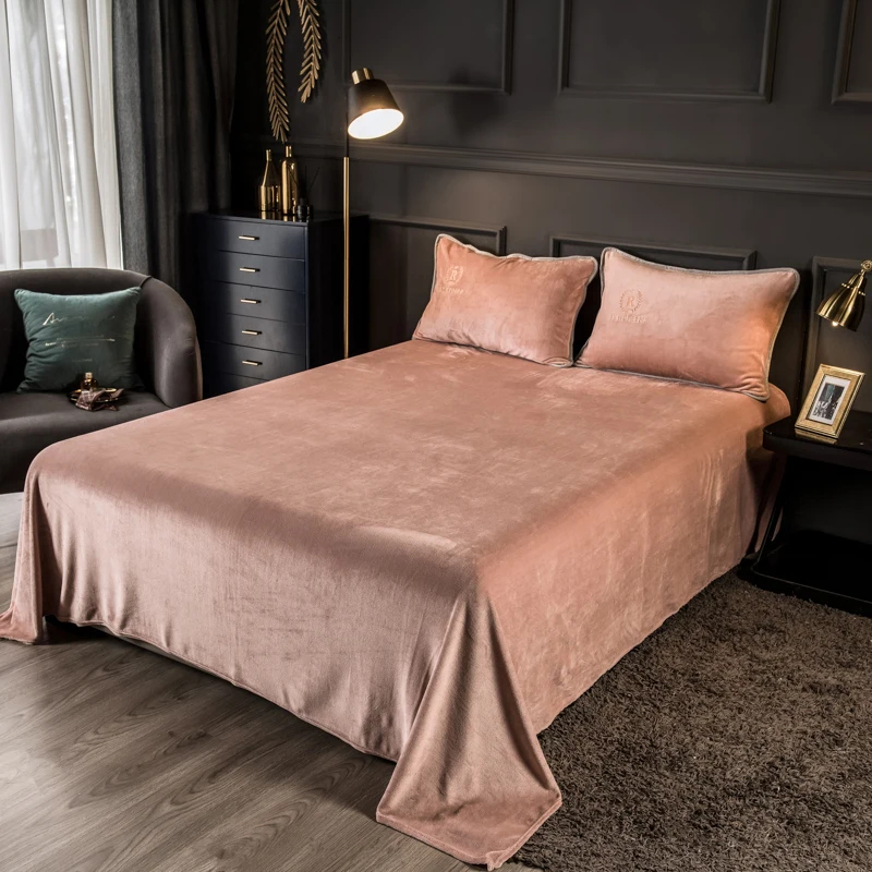 Customized Solid Milk Velvet Embroidery Bedding Set Thickened Warm Flannel Four Piece Set