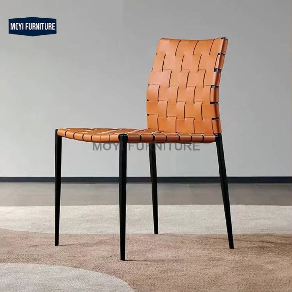 Dining Custom Nordic Design Office Accent Chair Metal Legs Weaving Orange Saddle Leather Dining Weaving Furniture