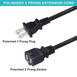 NEMA 1-15P to NEMA 1-15R Power Extension Cord 18AWG Black 2 Prong AC Cable for