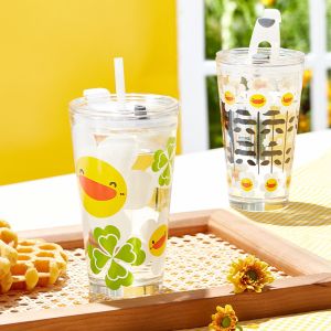 China Custom Logo Color Pattern Etched Glassware With Straw For Corporate Branding on sale