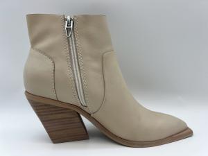 China soft two-tone nappa leather Womens Dress ankle Boots with metal zipper，abs wedge with TPR outsole factory