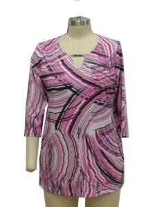 China Geometric Pattern Ladies Casual T Shirts With Buckle 3 4 Sleeve V Neck Top factory