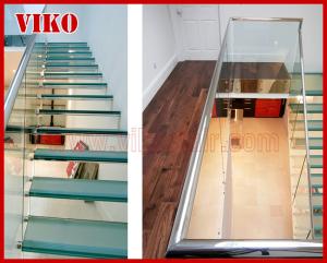 China Floating Staircase VK52C Tread Glass TemperedGlass12mm LED Light strip StringerBeechTread StringerStainless Steel Powder factory