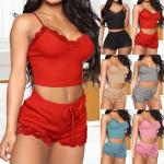 2 Piece Ladies Comfortable Sling Solid Sexy Lace Sleepwear Suit Seductive Pajama