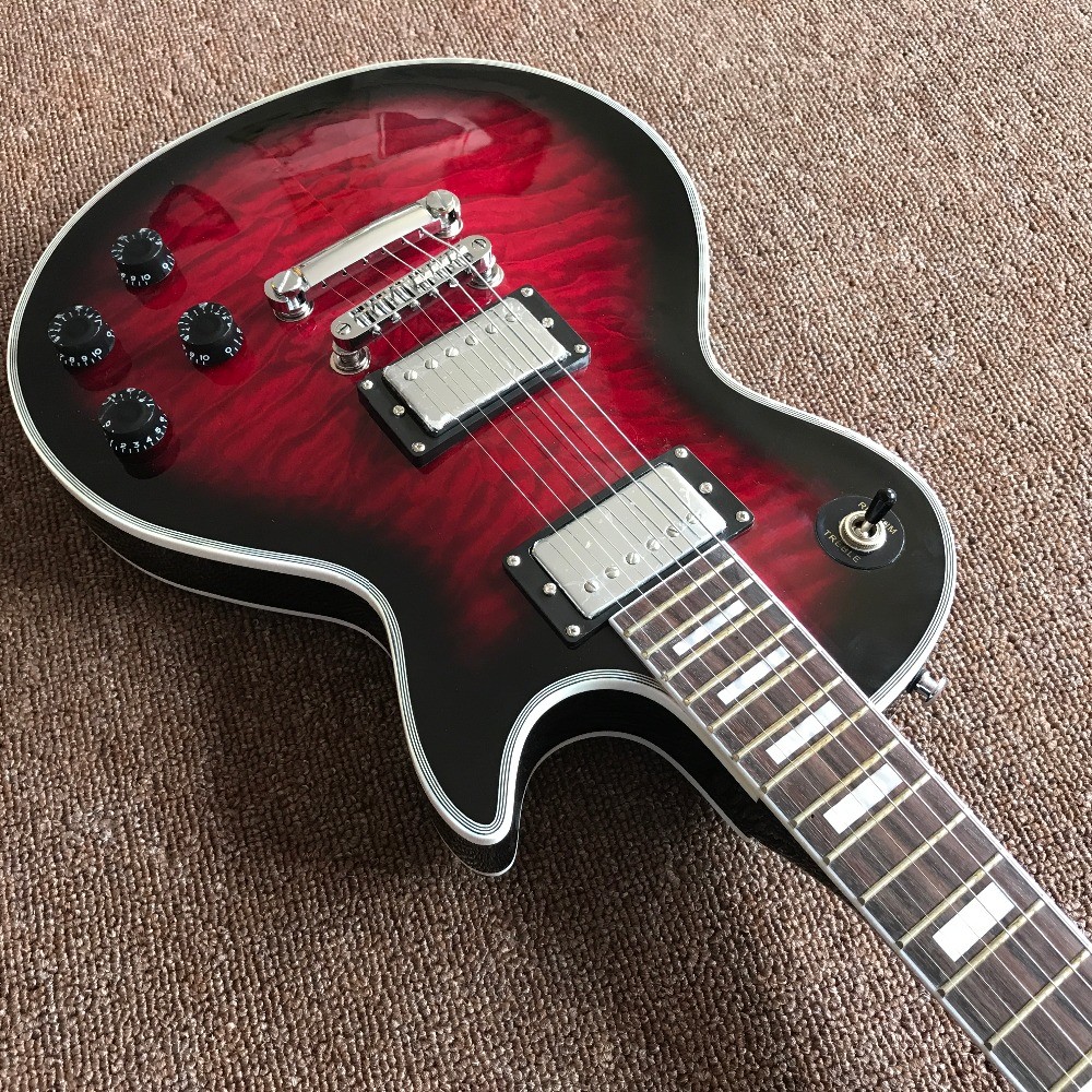 Chinese Electric Guitar with CHROME Hardware, Vintage red burst Quilted Maple Top