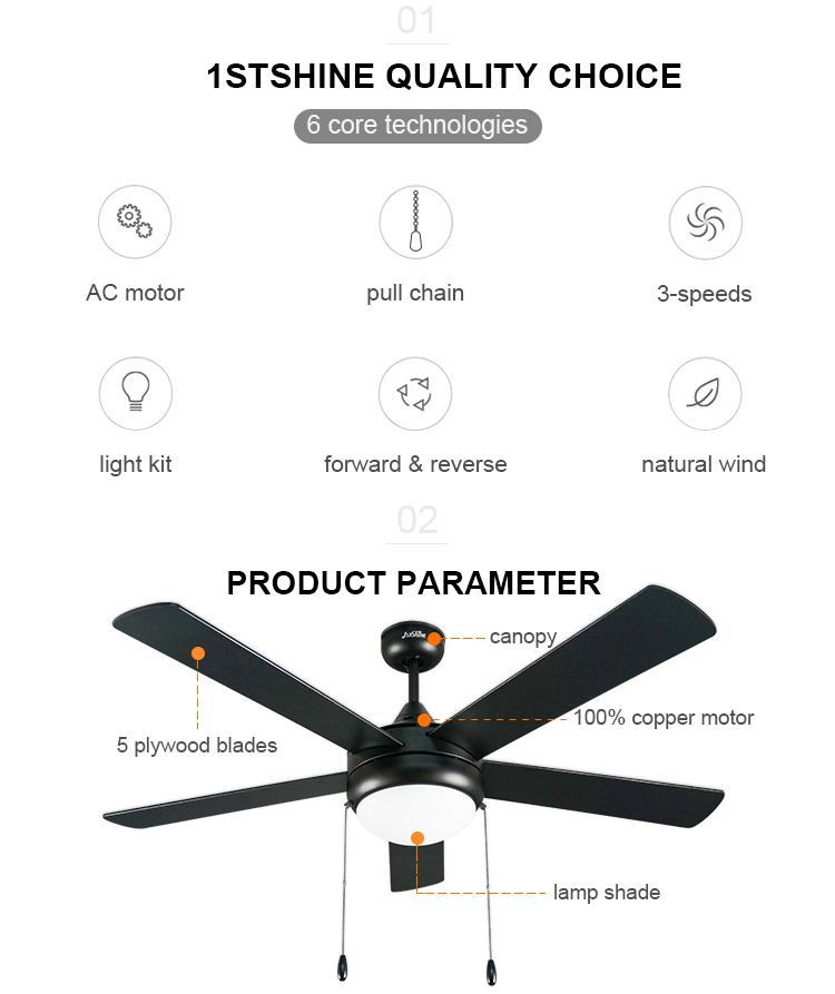 110V/120V 1stshine 5 Blade 52" Ceiling Fan with Wall Control and Decorative Light