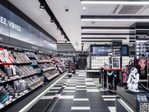 China High level customzied cosmetics display design showcase custom design retail shop mall kiosk wall wood cosmetic display factory