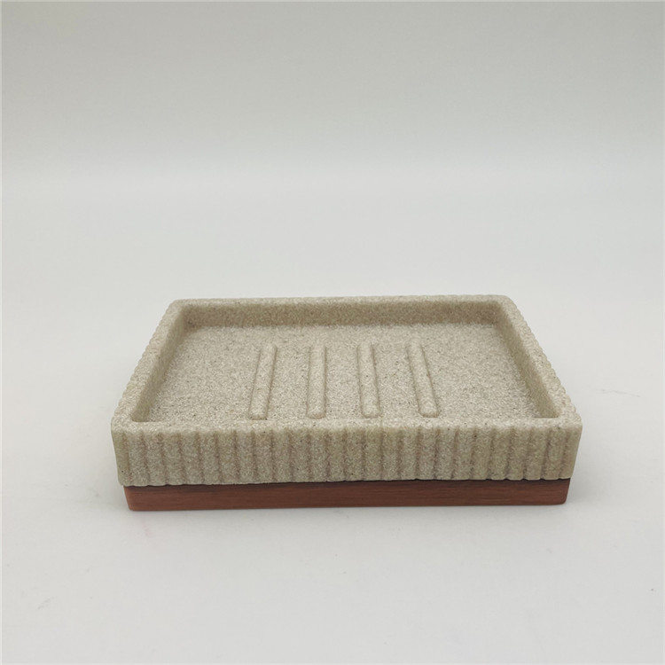 ribbed Sand stone Polyresin Bathroom Accessories Set with wooden parts