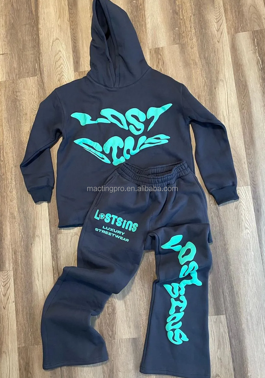 Men'S 3D Puff Print Flared Sweatpants And Cropped Hoodie Set For Tracksuit
