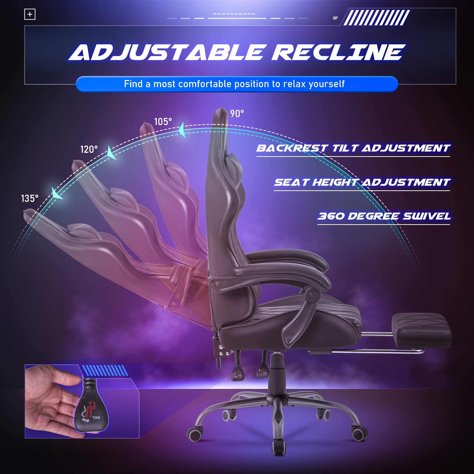 Ergonomic Computer Chair with Footrest and Massage Lumbar Support Metal Type Aluminum