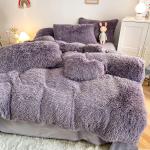 Princess Style Grey Purple Shaggy Warm Mink Velvet Crystal Duvet Cover Set for