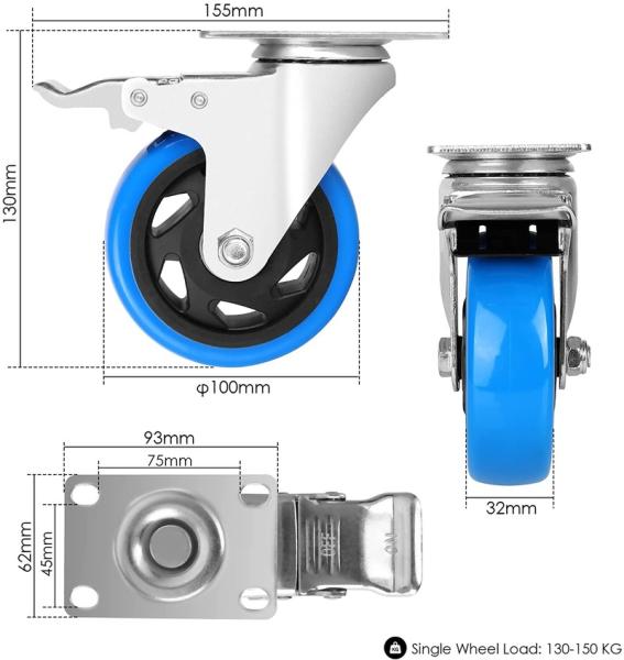 194mm Height Total Lock Brake Type 3 Ton Heavy Duty PU Caster Wheel for Heavy
