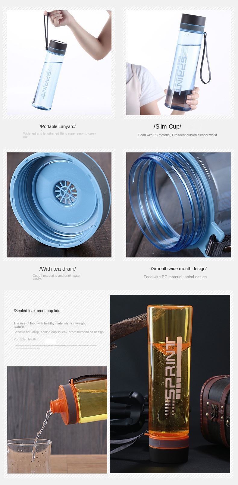 Customized Logo Lightweight Plastic Travel Water Bottle Outdoor Sports Water Bottle 500ml/650ml/750ml/1000ml/1200ml With Rope Multifunctional