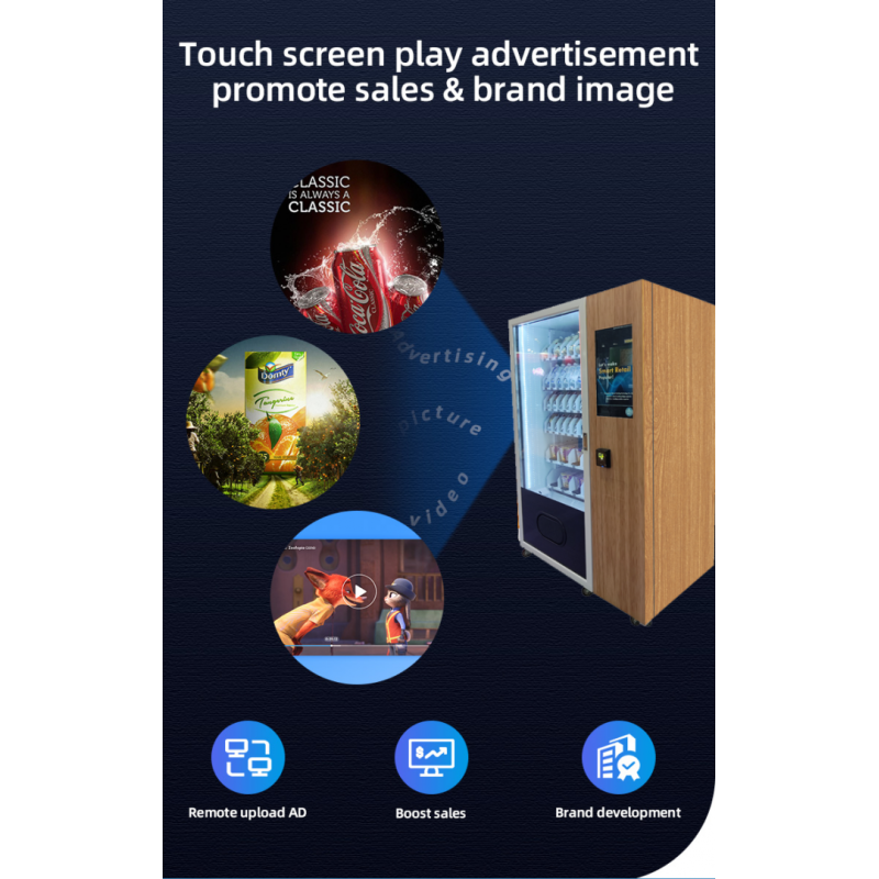 The touch screen of this snack and drink vending machine can play ads to attract customers.