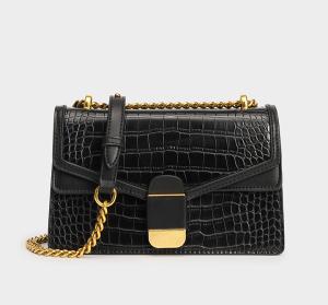 China Removable Strap PU Shoulder Bag 23cm 9cm Black Crocodile Shoulder Bag factory