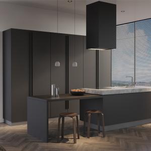 China Wooden Black Matte L Shaped Kitchen Cabinet Design For Small Kitchen PVC Board factory