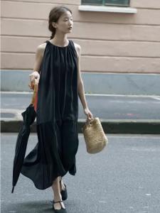 China Black 90% Lyocell Material Stretch Tencel Sleeveless Dress Size 38 40 factory