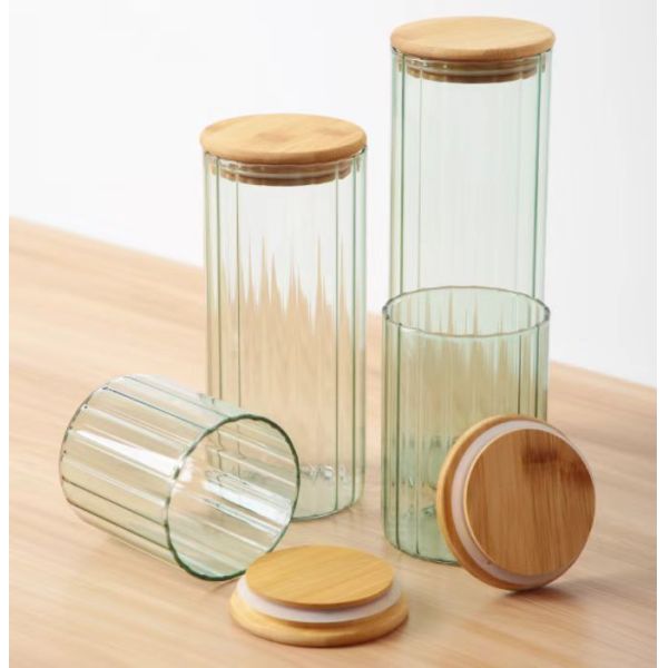 China Borosilicate Glass Canister with Bamboo Lid Color Sprayed Stripe Design factory