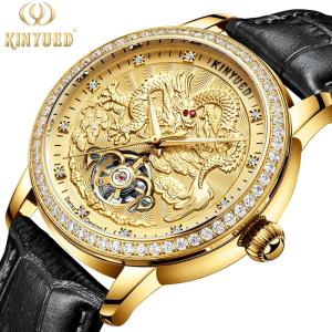 China Gold Dial Leather Wrist Watch Wind Up Dragon Embossed Water Resistant factory