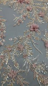 China Stunning 3d Floral Sequin Embroidered Mesh Fabric 3D Beading Embroidery factory