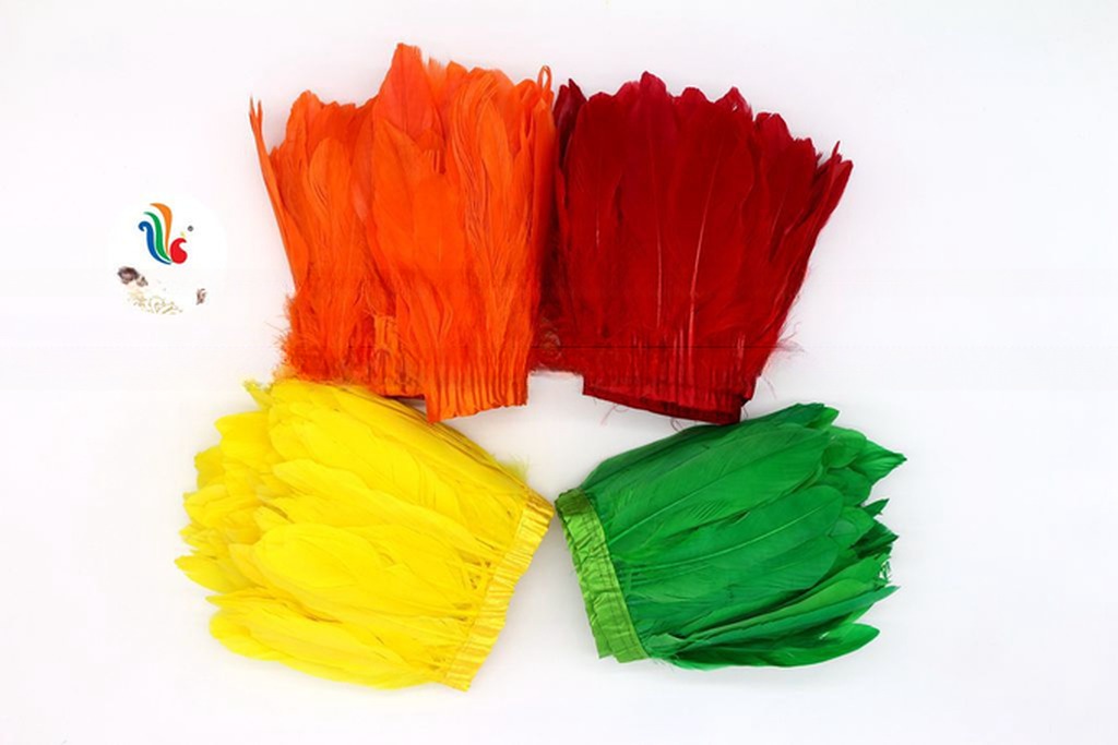 Dress Decoration Goose Feather Fringe Trim with Satin Ribbon Tapes and Dyed Pattern